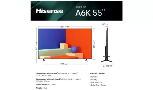 Hisense 55 Inch 55A6KTUK Smart 4K UHD HDR DLED Freeview TV - Image 2